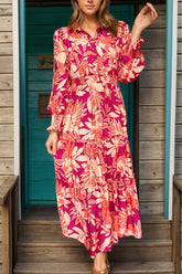 Printed Collared Neck Long Sleeve Dress Strawberry OutfitFlow